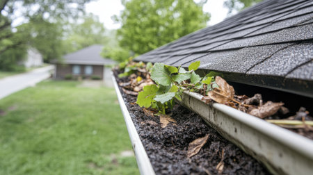 A close-up view of a clogged gutter filled with leaves and dirt. This photo highlights the need for regular home maintenance and care in spring seasons.の素材