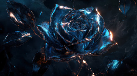 A stunning blue metallic rose blooms against a dark backdrop, showcasing its glossy petals and shimmering leaves. Ideal for art, decoration, or nature themes.の素材