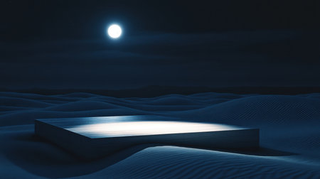 A surreal night landscape featuring an elevated platform illuminated by a full moon, surrounded by tranquil desert dunes. The scene evokes feelings of solitude and contemplation.の素材