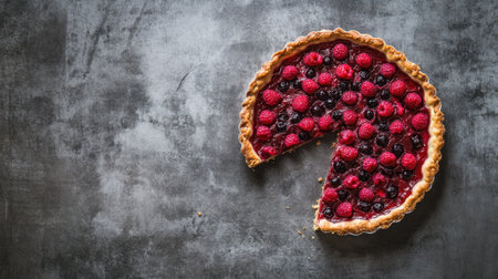 This image features a delectable berry tart showcasing vibrant raspberries and blackberries atop a golden crust, perfect for dessert lovers.の素材