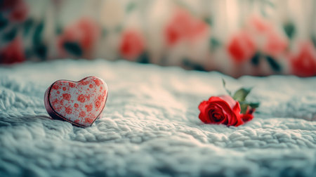 A charming heart-shaped box adorned with delicate floral patterns sits beside a vibrant red rose on a soft bedspread, symbolizing love and romance.の素材