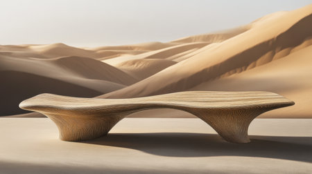 A captivating wooden bench with flowing curves rests on desert sand dunes, showcasing harmony between design and landscape under soft, natural light.の素材