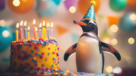 A cheerful penguin wearing a party hat stands beside a colorful birthday cake with candles, creating a joyful and festive atmosphere perfect for celebrations.の素材