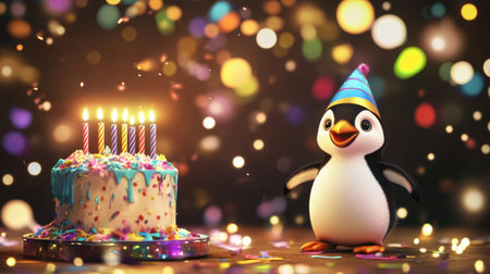 A delightful penguin wearing a party hat stands beside a colorful birthday cake with candles. The festive scene is filled with bright lights and confetti, evoking joy and celebration.の素材