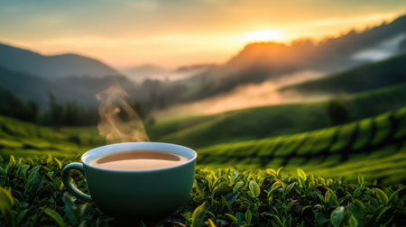 A tranquil morning scene featuring a steaming coffee cup resting on lush green tea leaves, with a breathtaking sunrise illuminating rolling hills in the background.の素材