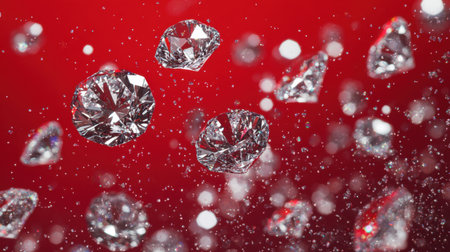 This captivating image features sparkling diamonds gracefully falling through a vibrant red background, creating an enchanting and luxurious atmosphere perfect for festive themes.の素材