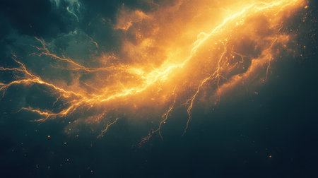 A captivating image showcasing a dramatic lightning strike piercing the dark cloudy sky at night, creating a stunning display of nature's power and beauty.の素材