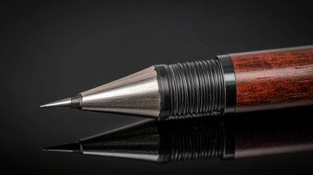 This close-up image features an elegant mechanical pencil with a metal tip and wooden body. The shiny black surface enhances its artistic and professional appeal.の素材