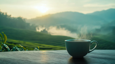Enjoy a tranquil morning moment with a steaming cup of coffee amidst breathtaking hills and mist. Nature beauty enhances relaxation and peace.の素材