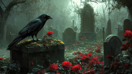 A lone crow stands on a mossy gravestone, surrounded by vibrant red roses in a foggy cemetery. This atmospheric scene captures a mysterious and haunting beauty.の素材