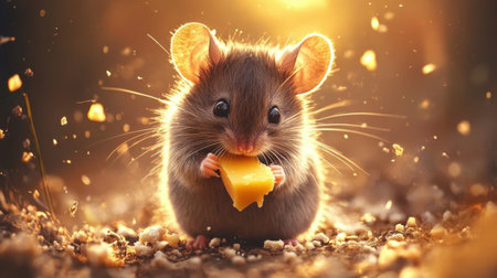 A charming mouse joyfully holds a piece of cheese, illuminated by warm sunset light. This cute rodent captures the essence of nature with its playful demeanor.の素材