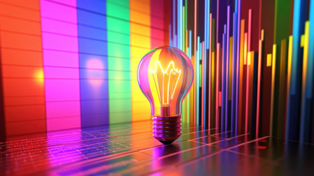 A vibrant light bulb filled with bright neon colors stands against a digital audio spectrum. This image captures creativity and energy, perfect for digital art projects.の素材
