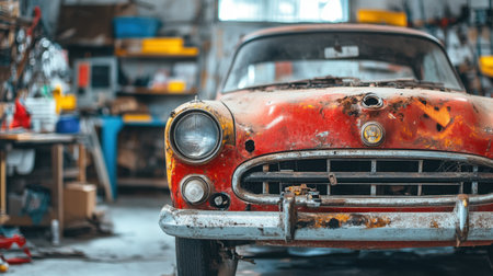 An old red car sits in a cluttered, abandoned garage filled with tools and equipment. The vehicle shows signs of rust and decay, evoking nostalgia.の素材