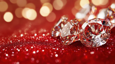 A collection of sparkling diamonds resting on a vibrant red surface, creating a rich and luxurious feel. The background features soft bokeh lights, enhancing the beauty and elegance of the scene.の素材