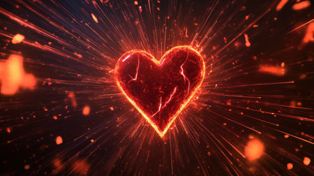 A stunning visual of a glowing heart shape surrounded by fiery sparks. This captivating image radiates warmth and passion, perfect for romantic or emotional themes.の素材