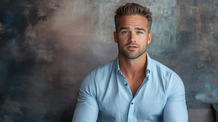 A portrait of a young man in a casual blue shirt, exuding confidence and charm. His serene expression and stylish look create a captivating visual perfect for various themes.の素材