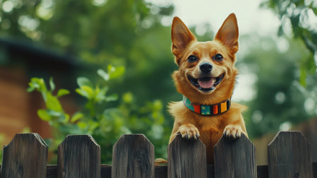A cheerful dog peers over a rustic wooden fence, showcasing its playful demeanor against a backdrop of vibrant greenery, exuding joy and curiosity.の素材
