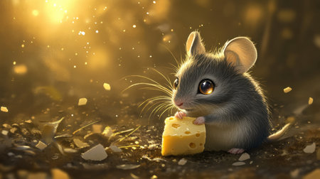 This enchanting image features a cute mouse holding a piece of cheese, set in a sunlit forest. The soft lighting creates a warm, magical atmosphere.の素材