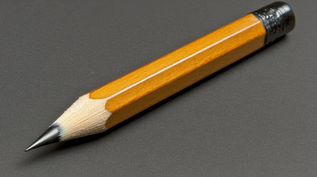 This image features a close-up of a sharpened yellow pencil with a black tip resting on a dark surface. Ideal for educational or artistic themes.の素材
