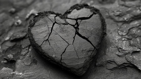 This striking image features a cracked black heart resting on a textured surface, evoking emotions of love and sadness. The dramatic shadows enhance the artistic impact of the concept.の素材