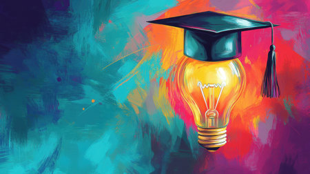This vibrant artwork features a light bulb crowned with a graduation cap, symbolizing knowledge and creativity. Perfect for educational themes.の素材