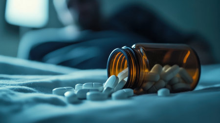 An overturned pill bottle spills white tablets onto a bed, creating a scene that evokes feelings of anxiety and concern about health. The dim lighting adds to the somber mood.の素材
