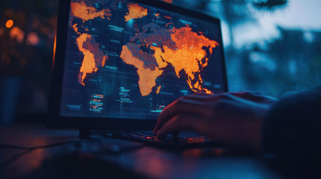A close-up view of a digital world map displayed on a monitor, showcasing data visualization techniques. A user's hand engages with the keyboard, symbolizing analysis and interaction with information technology.の素材