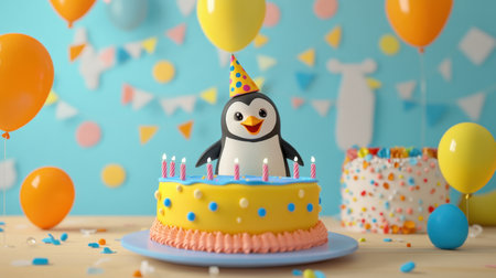 A cheerful birthday setting featuring a vibrant penguin-themed cake with colorful balloons and decorations, perfect for a fun celebration with friends and family.の素材