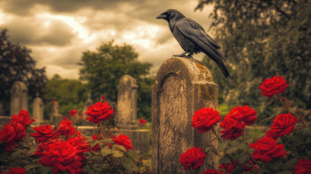 A raven perched on an old tombstone is framed by vibrant red roses in a tranquil graveyard. The dramatic sky and lush greenery evoke a striking sense of solitude.の素材