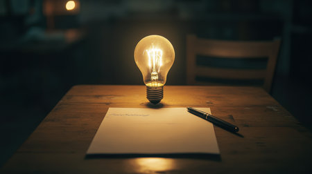 A warm glowing light bulb illuminates a blank sheet of paper and a pen on a rustic wooden table, creating an inviting workspace for creativity and inspiration.の素材
