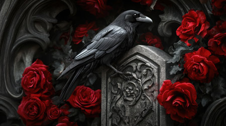 A striking black raven rests on an intricate tombstone, framed by vibrant red roses. This captivating image evokes themes of mystery, beauty, and the intertwining of life and death.の素材