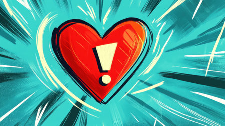 Vibrant illustration of a red heart adorned with an exclamation mark, radiating energy on a colorful backdrop. Perfect for expressing love and excitement.の素材