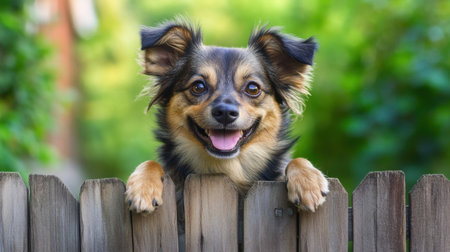 A cheerful small dog with a shiny coat peeks over a rustic wooden fence, radiating joy in a lush green garden under bright sunlight.の素材