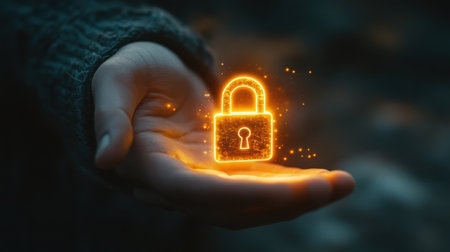 A human hand holds a glowing lock symbol, representing innovative security and protection in the digital world. This image captures the essence of safety in technology.の素材