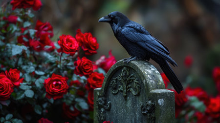 A striking black raven rests on an aged grave marker, surrounded by vibrant red roses. This image captures a haunting yet serene moment in a cemetery, blending nature and the essence of remembrance beautifully.の素材