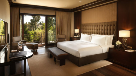 Experience comfort and luxury in this beautifully designed hotel room featuring a king bed, elegant decor, and a serene view of the landscaped outdoors.の素材