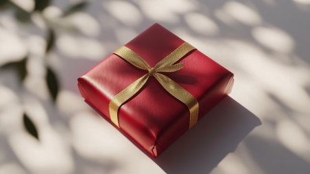 A beautifully wrapped red gift box adorned with a golden ribbon, casting soft shadows. Perfect for celebrating special occasions, this elegant packaging adds a touch of luxury and charm to any event.の素材
