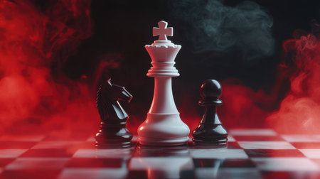 A captivating arrangement of chess pieces featuring a white king, black knight, and pawn amidst swirling smoke and dramatic lighting, embodying the essence of strategy and competition.の素材