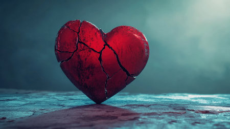 A visually striking image of a cracked red heart resting on a textured surface, symbolizing love, loss, and emotional turmoil. This artwork evokes deep feelings.の素材