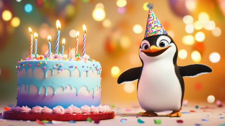 A cheerful penguin wearing a party hat stands beside a colorful birthday cake with candles, surrounded by festive decorations and balloons, creating a joyful celebration.の素材