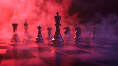 A captivating scene depicting black chess pieces on a chessboard amidst swirling fog and dramatic lighting, creating an intense and strategic atmosphere.の素材