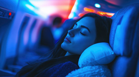 A woman peacefully sleeps on an airplane, wrapped in a cozy blanket. The ambient blue and red lighting creates a tranquil atmosphere, perfect for restful travel.の素材