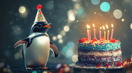 A charming penguin wearing a party hat joyfully celebrates a birthday beside a colorful cake adorned with candles. A whimsical scene bursting with festive cheer!の素材