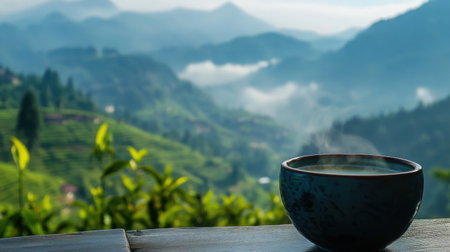 A steaming cup rests on a wooden table, offering a serene glimpse of lush mountains and misty valleys in the morning light. Perfect for relaxation.の素材