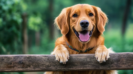 A joyful golden retriever dog with a big smile poses outdoors, showcasing its friendly personality against a lush green backdrop, perfect for pet lovers.の素材