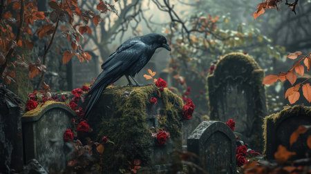 A mysterious raven perches on a moss-covered tombstone, adorned with vibrant red roses, enveloped in a foggy graveyard. This atmospheric scene evokes emotions of loss and beauty.の素材