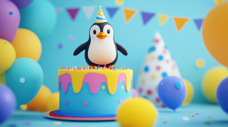 A playful penguin stands atop a vibrant birthday cake, surrounded by colorful balloons and cheerful decorations, capturing the essence of joyful celebrations.の素材