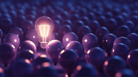 A striking image featuring a single illuminated light bulb amidst a crowd of dark bulbs, representing creativity and innovation in design and technology.の素材