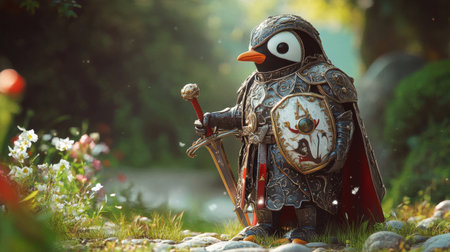 A brave penguin dressed in ornate armor stands valiantly in an enchanted forest, exuding charm and courage. The vibrant scene captivates the imagination.の素材