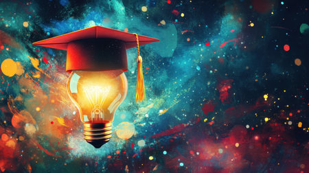 A vibrant and imaginative representation of a light bulb adorned with a graduation cap, symbolizing education, achievement, and bright futures in a colorful abstract background.の素材